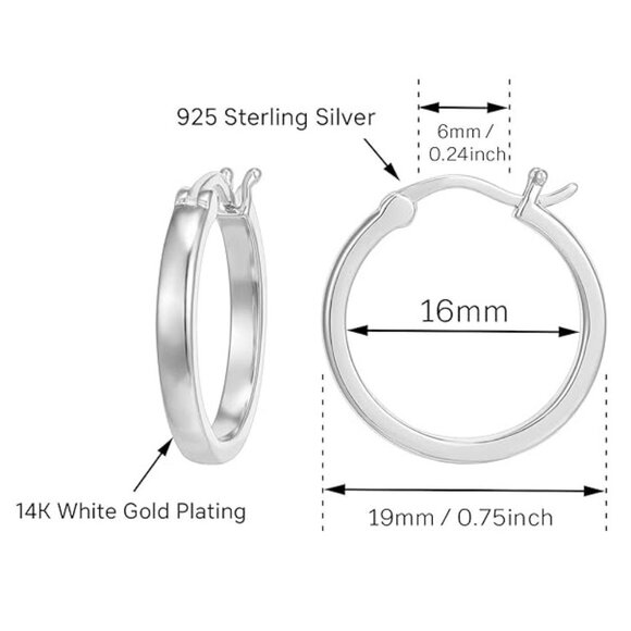 14K White Gold Plated 925 Sterling Silver Post Lightweight Hoops - Picture 4 of 4